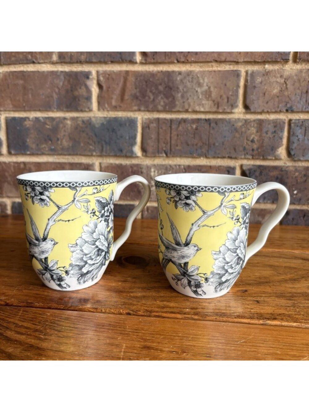 Set of 2 Adelaide Yellow Floral/Birds 4 1/8" Coffee Cups/Mugs by 222 Fifth